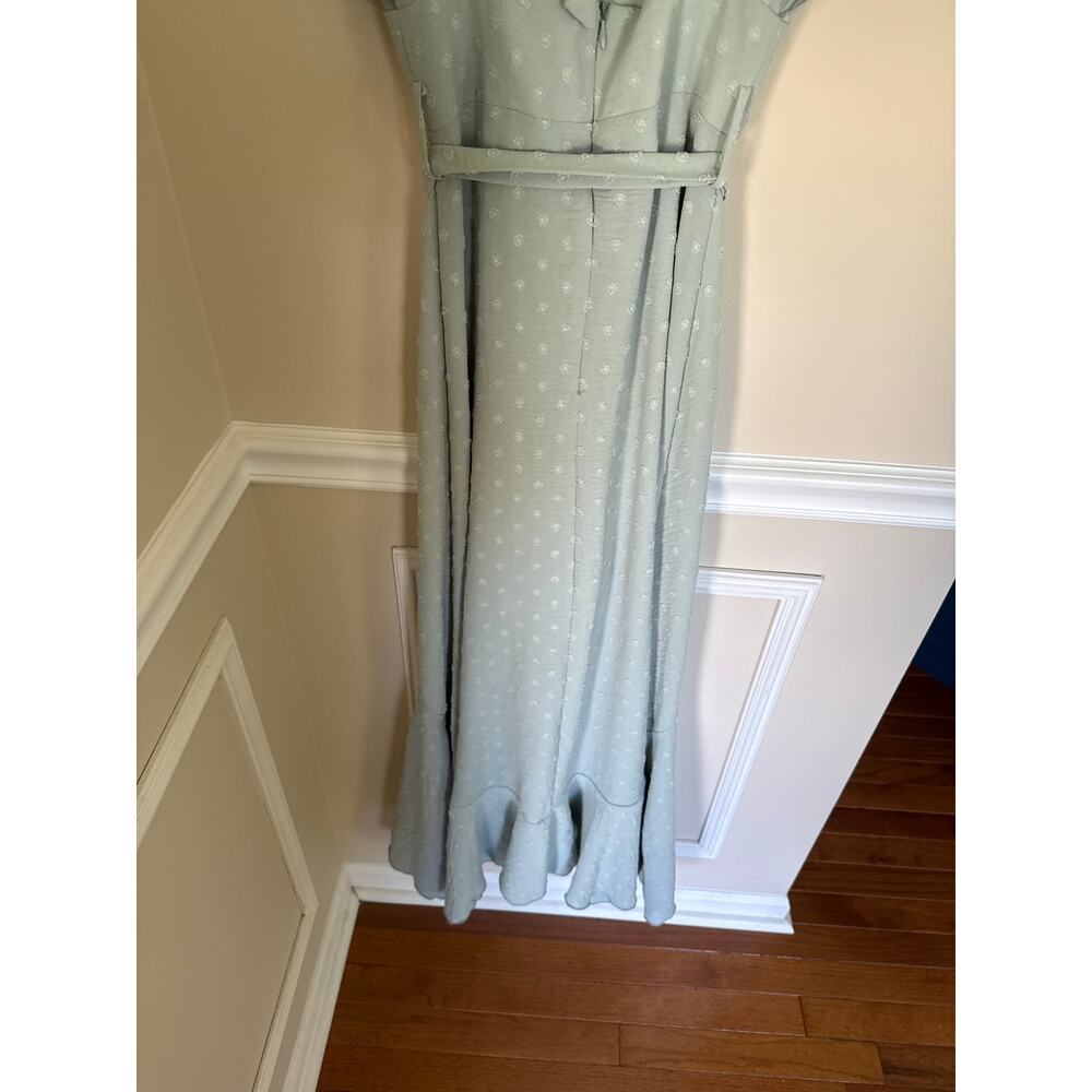 Altar’d State | Sage Green Polka Dot Textured V-Neck Maxi Dress Ruffle Shoulders - Picture 9 of 11